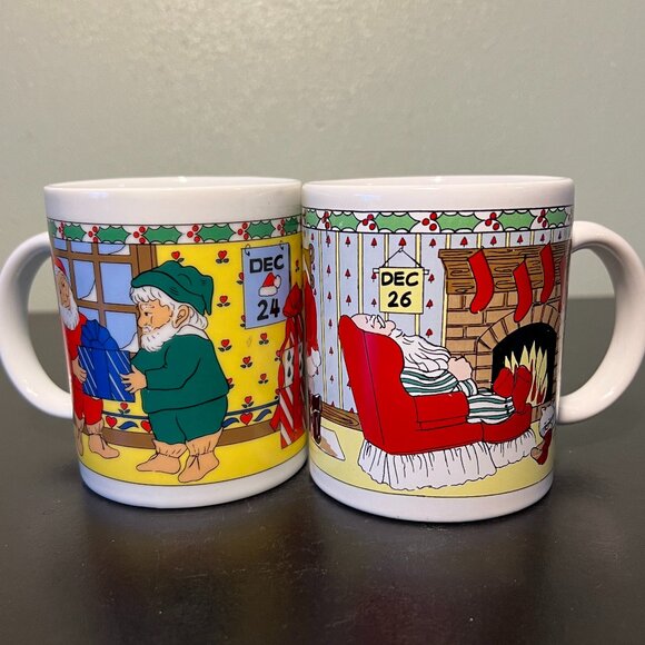 Pair of Vintage Christmas Mugs  Dec 24 & 26  Elves Working & Santa Claus Resting - Picture 1 of 12